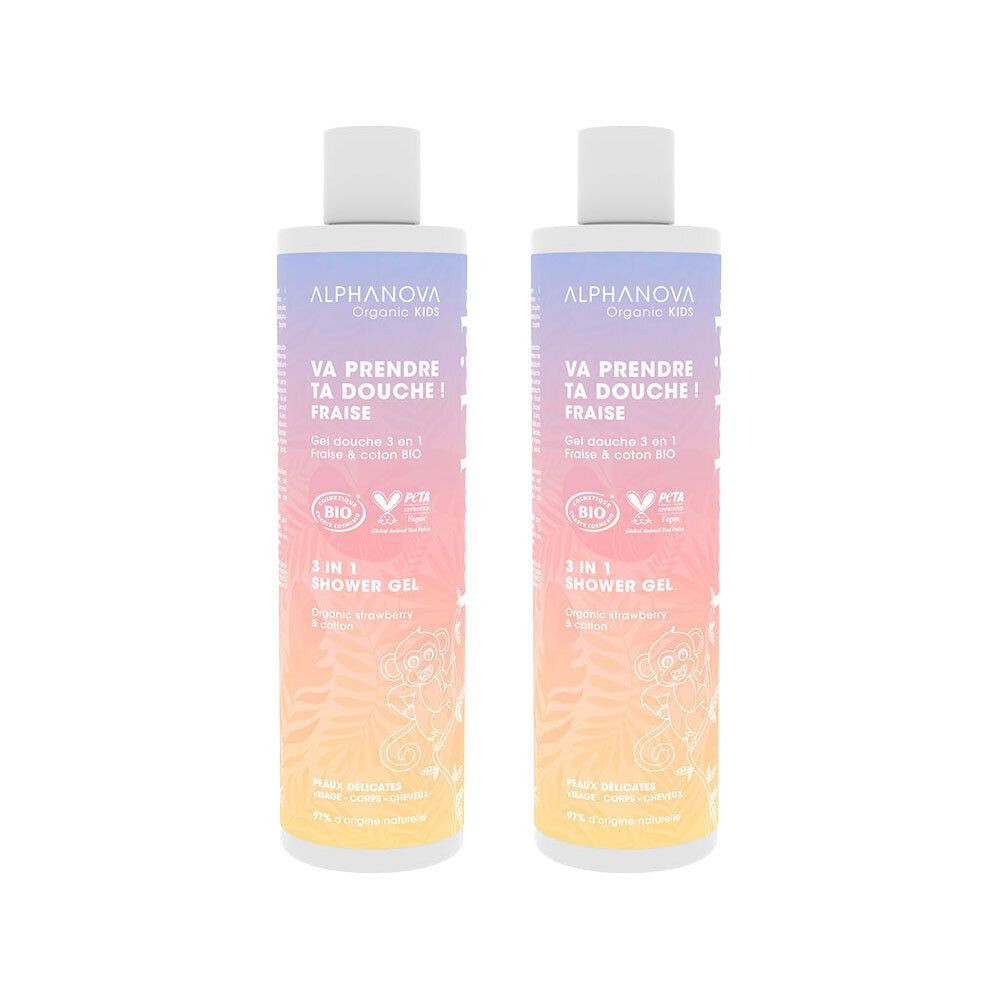 Twee flessen ALPHANOVA Kids 3-in-1 Douchegel Aardbei. Opschrift: Va prendre ta douche! Fraise. Bio-certificering. 3-in-1 Douchegel.
