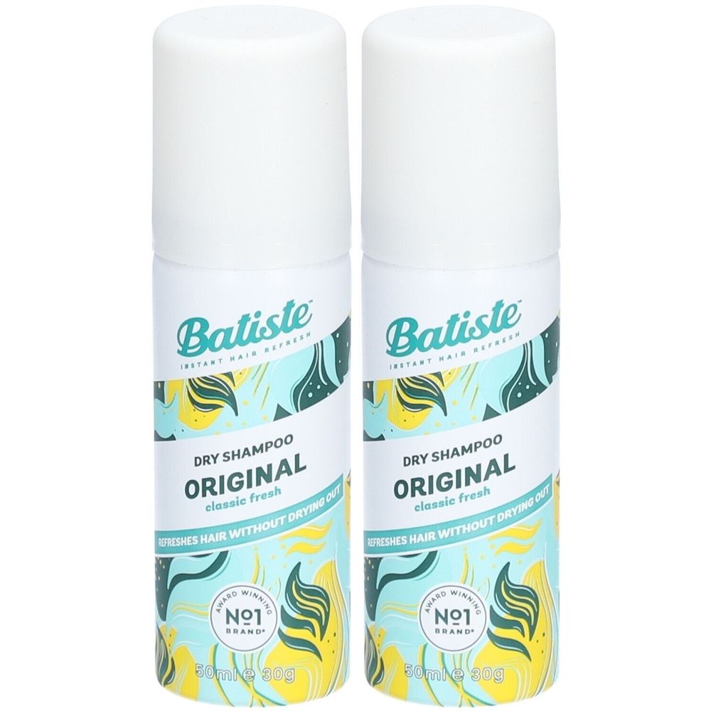 Deux flacons cylindriques. Inscription: Batiste, Dry Shampoo Original. Design turquoise et jaune. Bouchons blancs.