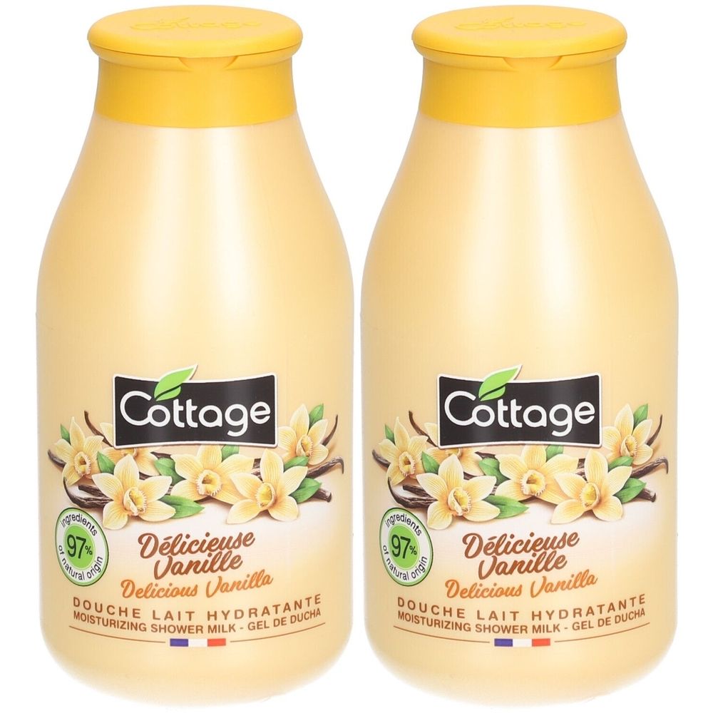 Twee flessen douchemelk met gele dop. Opschrift: Cottage, Délicieuse Vanille, 97% ingrediënten van natuurlijke oorsprong.