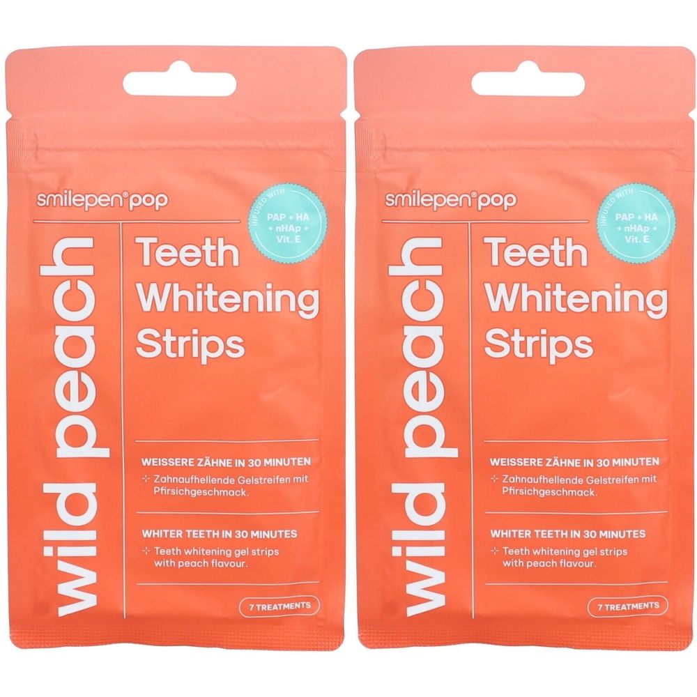 Twee oranje verpakkingen met "smilepen pop" en "wild peach". Bevat "Teeth Whitening Strips". 