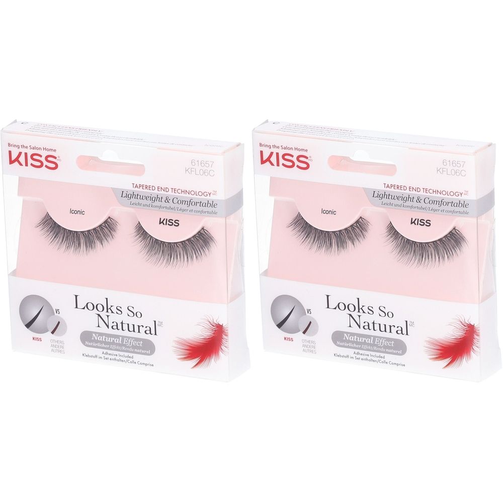 Twee verpakkingen wimpers. Opschrift: KISS Looks So Natural. Verpakking met transparant venster, wimpers zichtbaar.