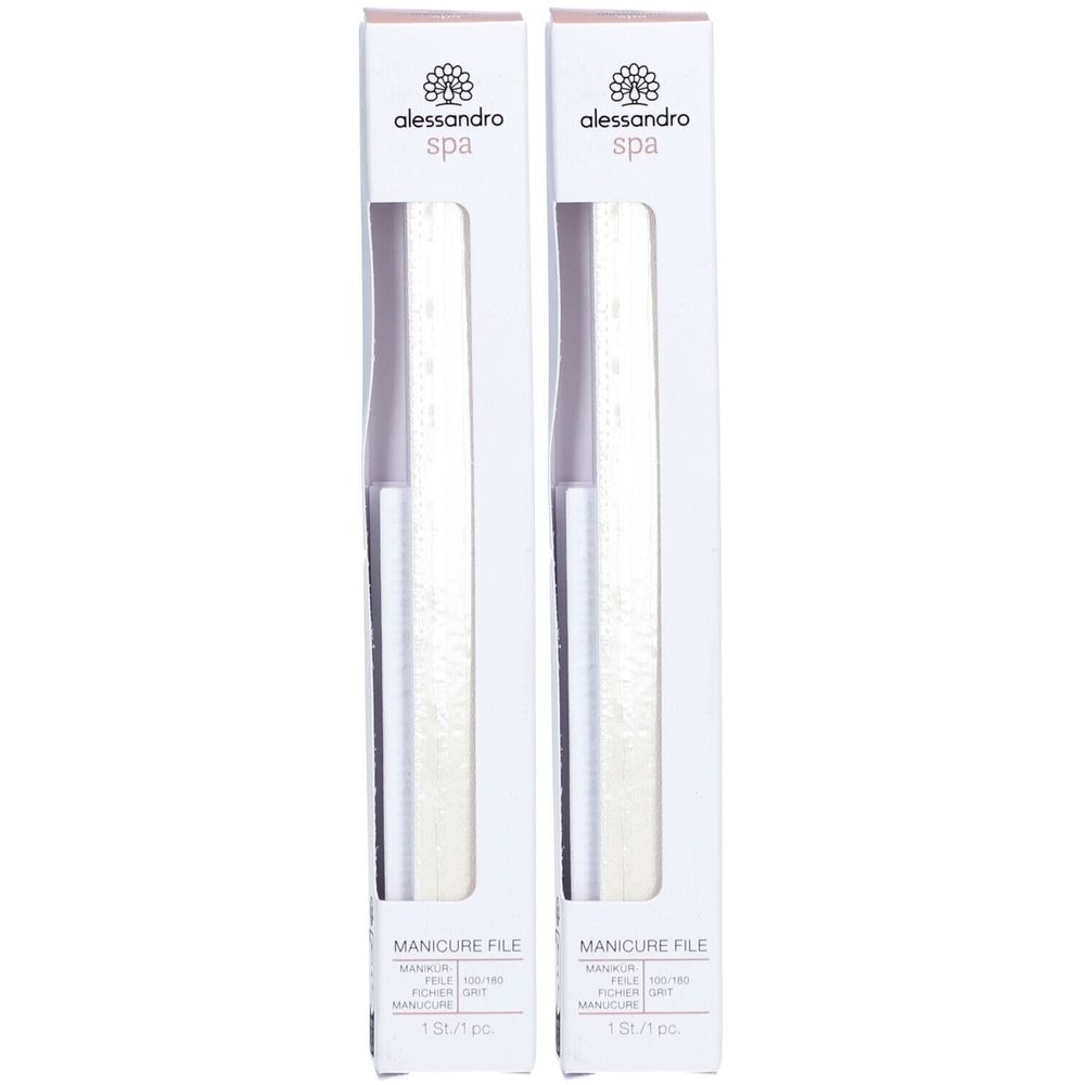 Deux limes à ongles blanches dans des emballages blancs. L'emballage porte la mention "alessandro spa" et "MANICURE FILE".