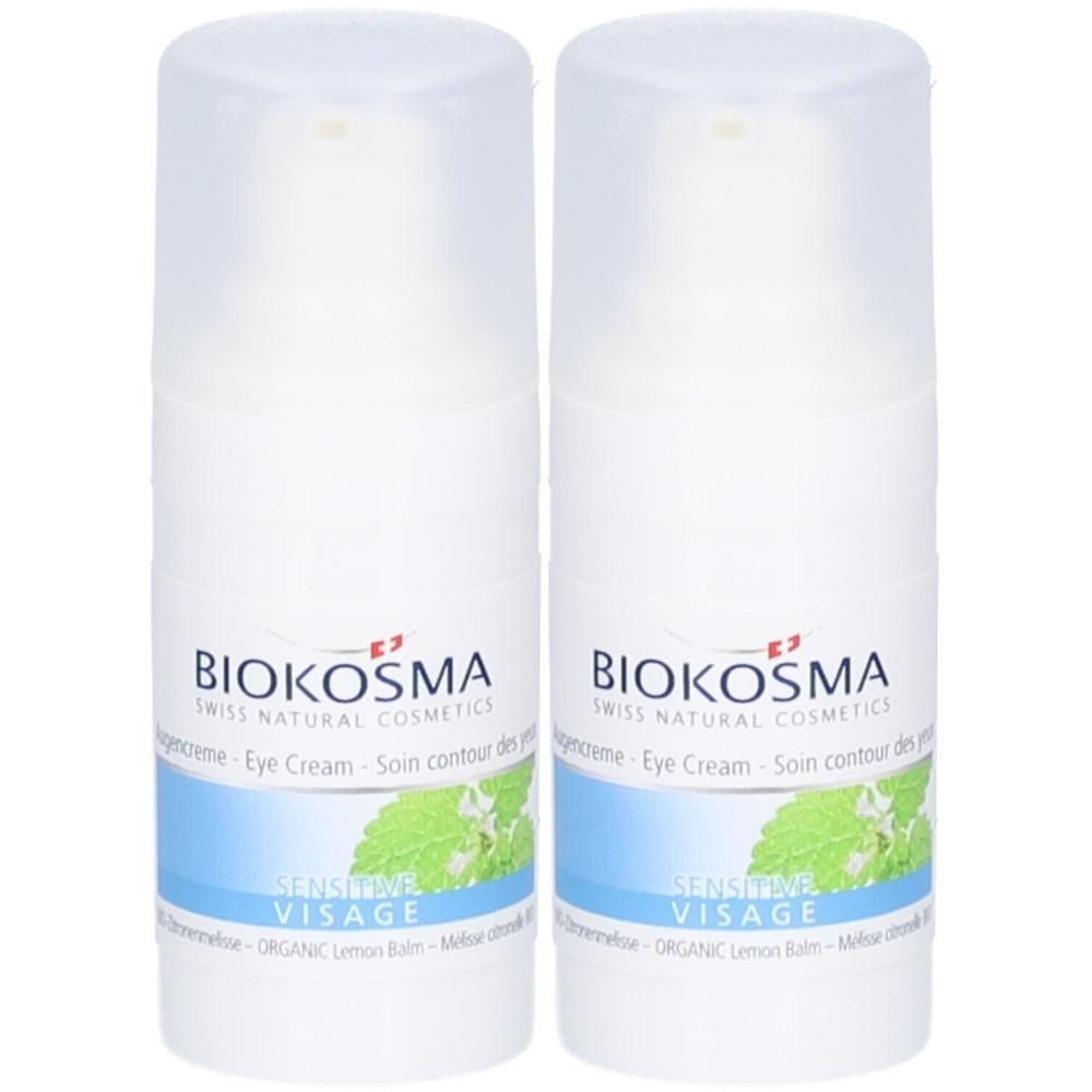 Twee witte flacons Biokosma oogcrème. Opschrift: Eye Cream, Sensitive Visage. Met afbeelding van bladeren.