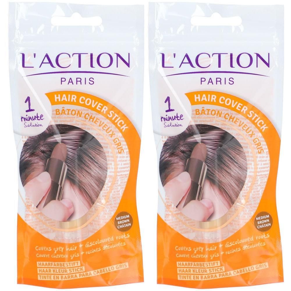 Twee verpakkingen haarverfstift. Opschrift: L'ACTION PARIS, Hair Cover Stick, 1 Minute Solution. Kleur: Medium bruin.
