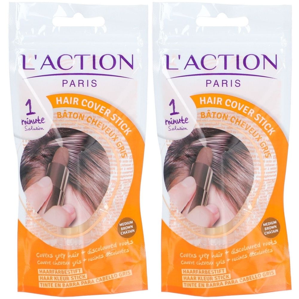 Deux paquets de bâtons de coloration capillaire. Inscription : L'ACTION PARIS, Hair Cover Stick, 1 Minute Solution. Couleur : Brun moyen.