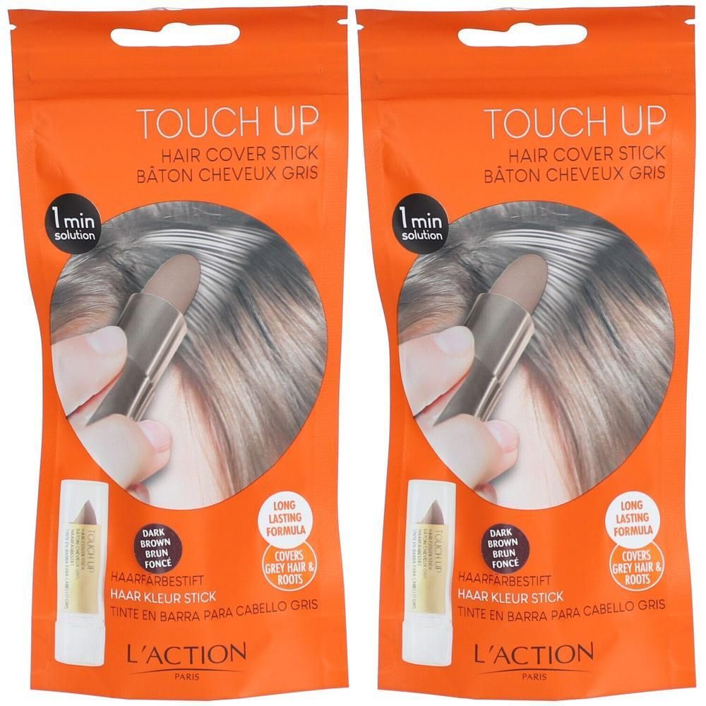 Deux paquets de bâton de retouche capillaire. Emballage orange avec image du produit et texte: TOUCH UP, brun foncé.
