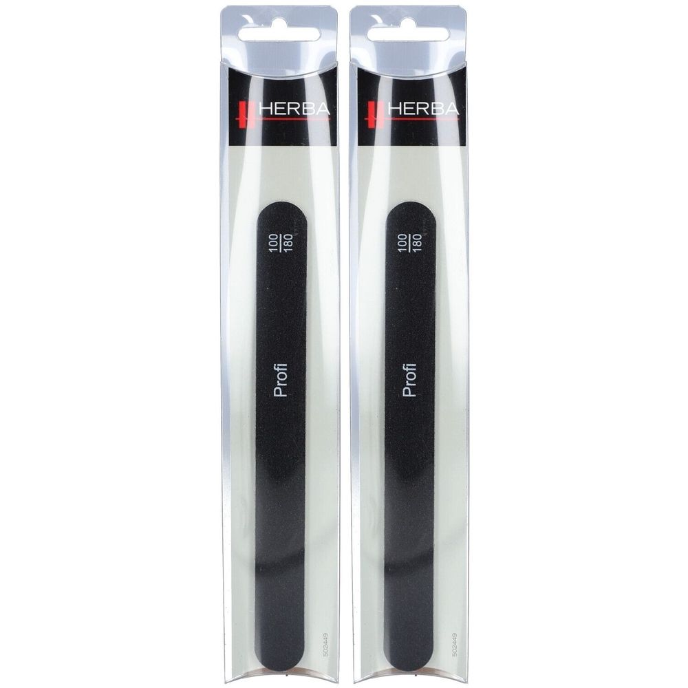 Twee zwarte nagelvijlen in transparante verpakking. Op elke vijl staat "Profi" en "100/180". Boven staat "HERBA".