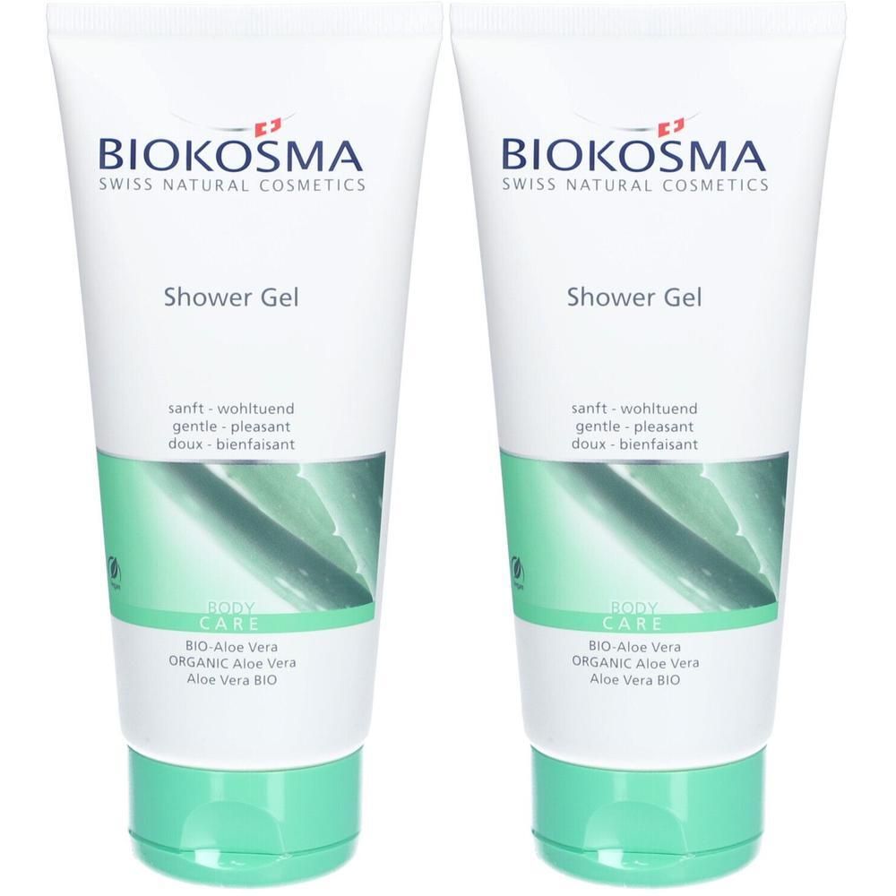 Deux tubes de gel douche. Blanc, avec des accents verts. Inscription : Biokosma, Shower Gel, Bio-Aloe Vera.