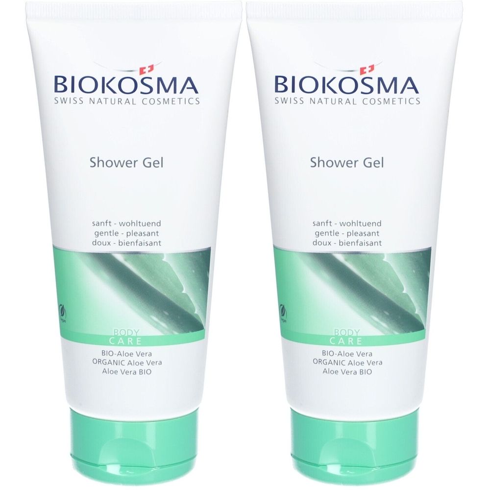 Deux tubes de gel douche. Blanc, avec des accents verts. Inscription : Biokosma, Shower Gel, Bio-Aloe Vera.
