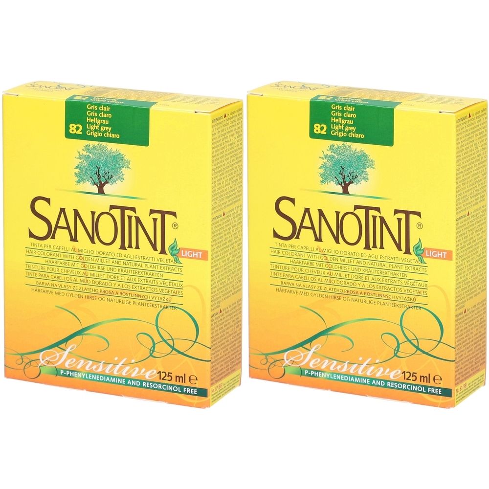 Deux boîtes jaunes SANOTINT LIGHT, Sensitive. Étiquette avec indication de la couleur.