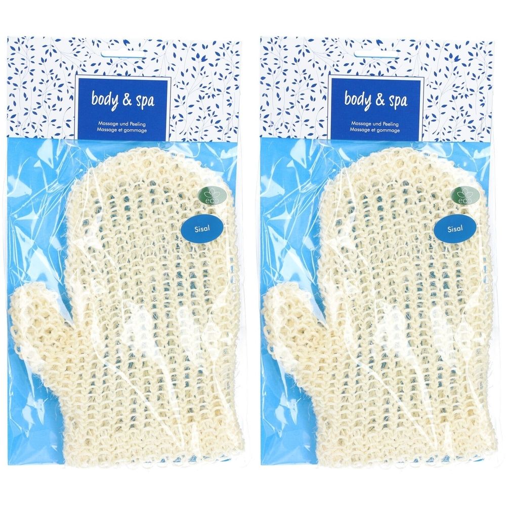 Twee scrubhandschoenen in plastic verpakking. Opschrift: body & spa. Blauwe en witte verpakking.