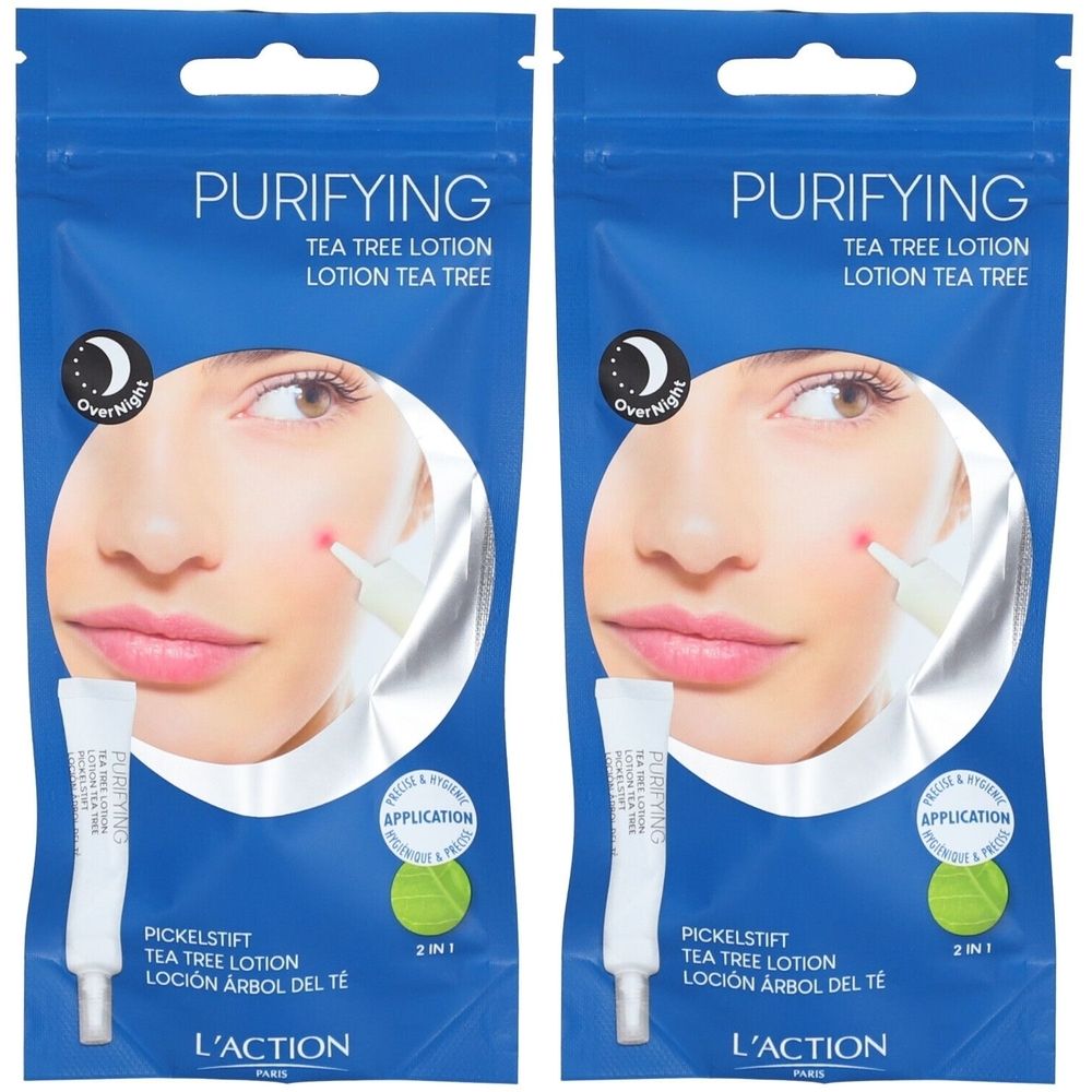 Twee zakjes Pickelstift Tea Tree. Opschrift: PURIFYING, Tea Tree Lotion, L'ACTION. Illustratie van een gezicht met puistje en applicator.