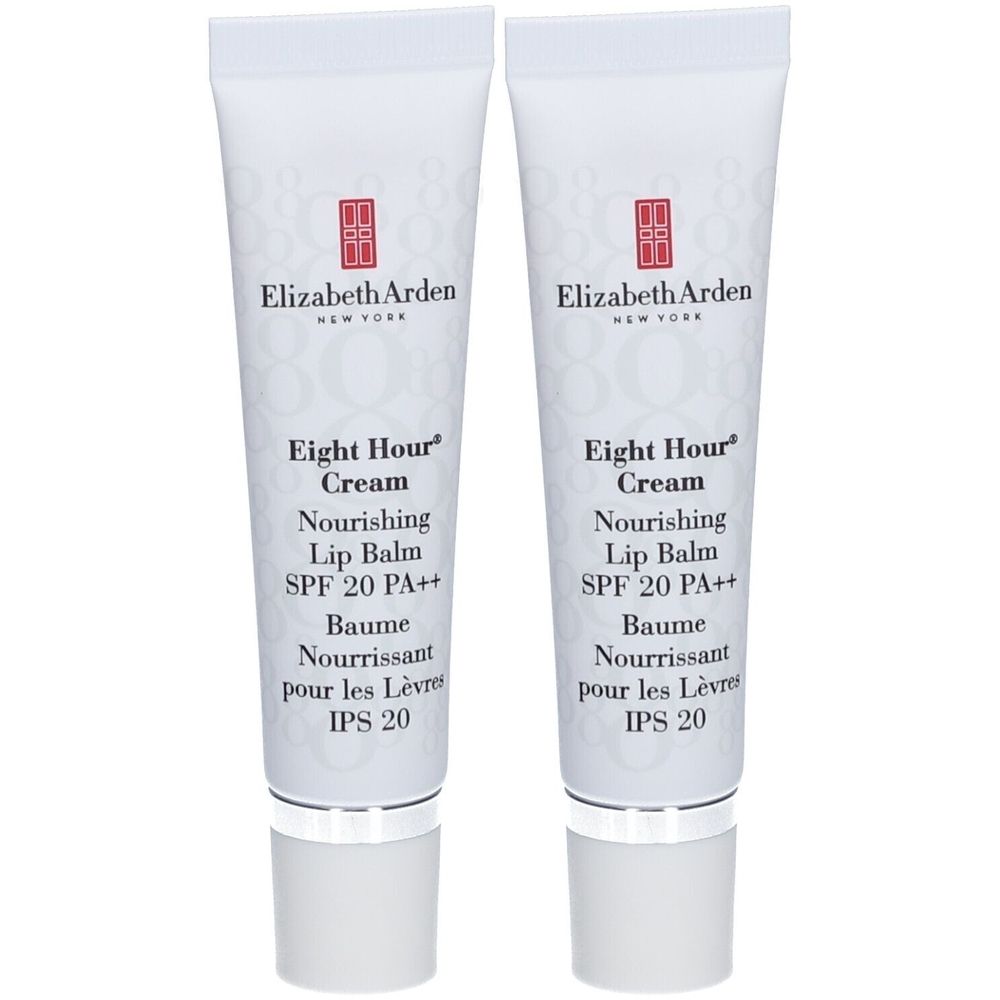 Twee tubes Elizabeth Arden Eight Hour Cream Lip Balm. Witte tubes met rood logo en productinformatie. SPF 20 PA++.