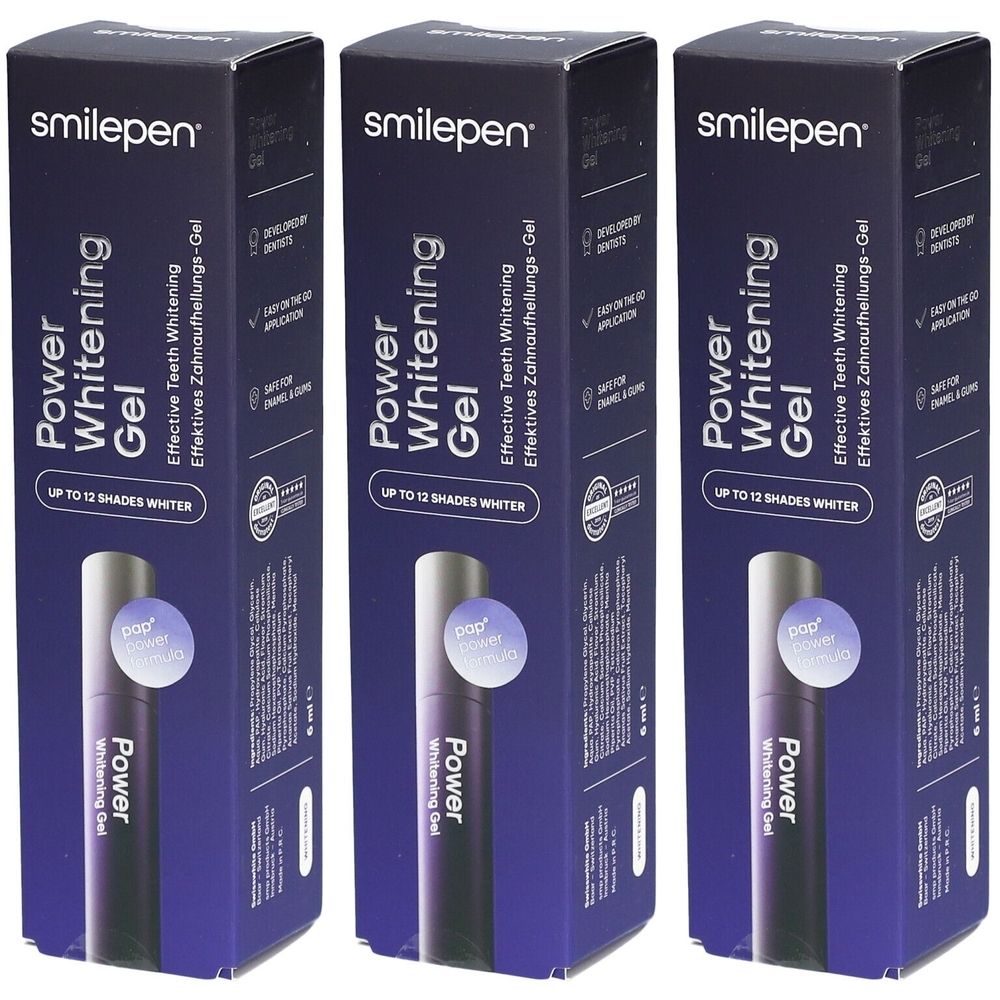 Drie dozen Smilepen Power Whitening Gel. Opschrift: Power Whitening Gel, tot 12 tinten witter. Bevat PAP-formule.
