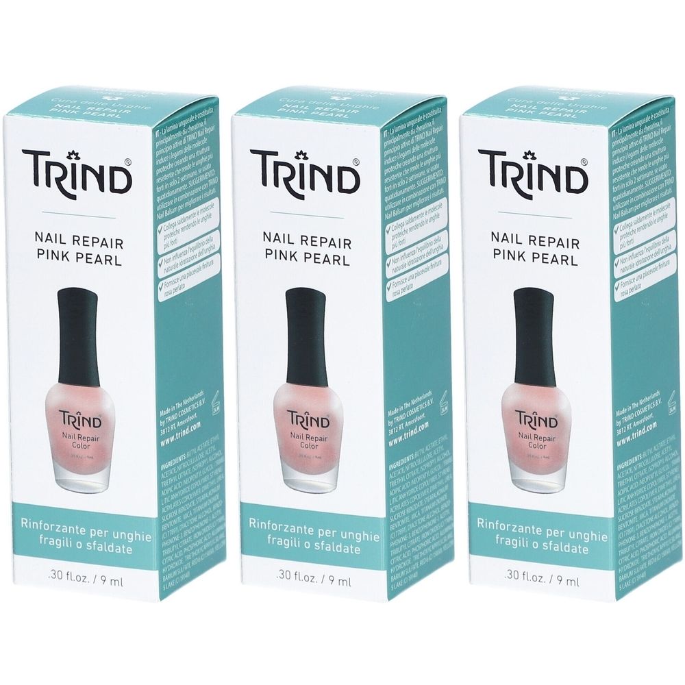 Trois boîtes de vernis à ongles. Chaque boîte porte l'inscription "TRIND NAIL REPAIR PINK PEARL". Flacons de vernis rose, bouchon noir.