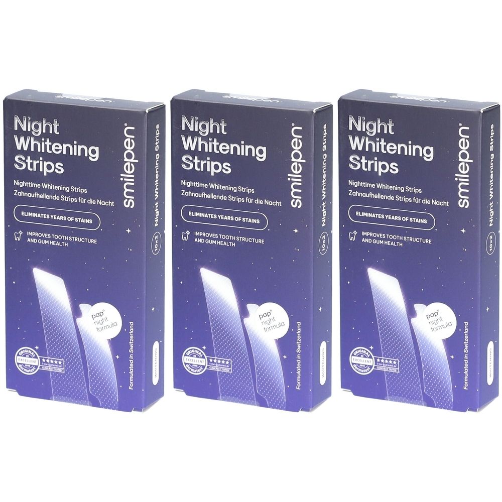 Drie dozen Smilepen Night Whitening Strips. Opschrift: Night Whitening Strips, verwijdert vlekken, verbetert tandstructuur.