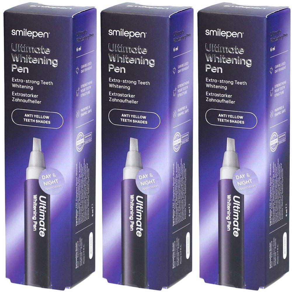 Drie dozen met SMILEPEN Ultimate Whitening Pen. Op elke doos staan de productnaam en de tekst "Extra-strong Teeth Whitening".