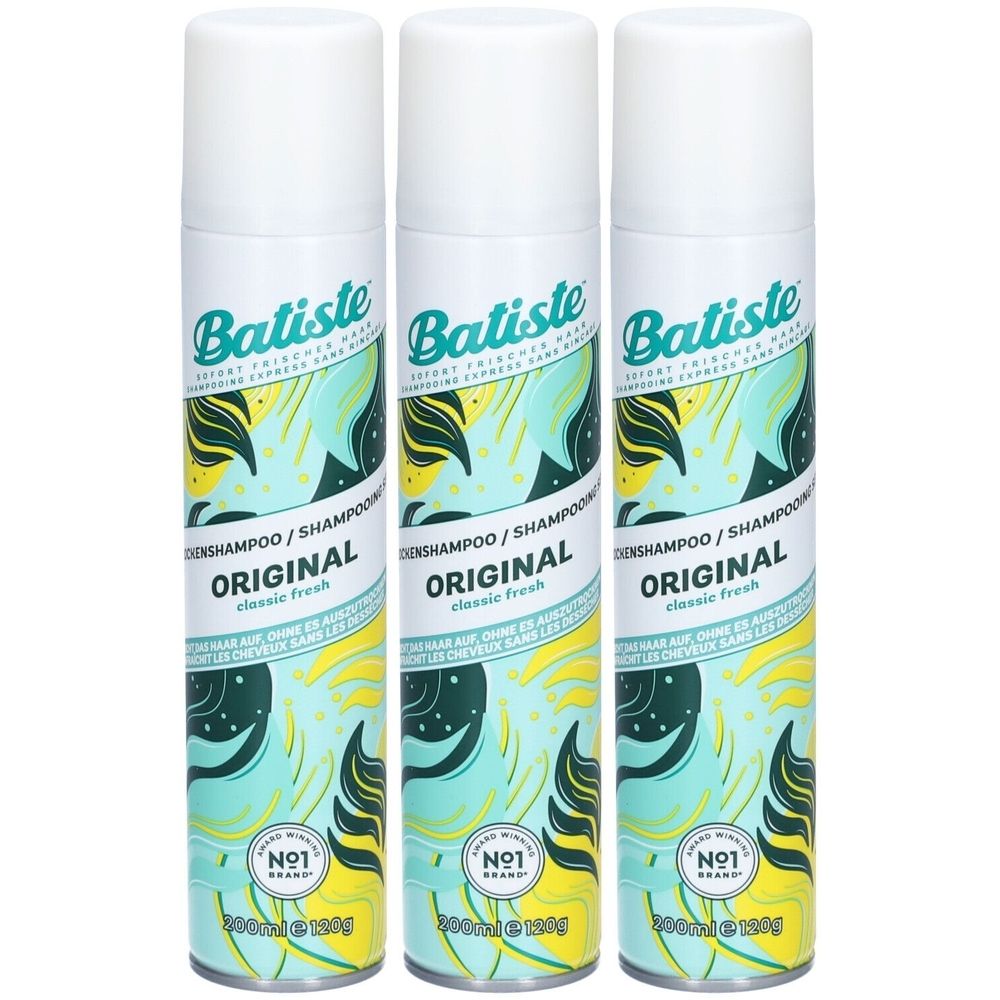 Drie witte spuitbussen met Batiste-logo. Opschrift: Original, classic fresh. Onderaan: Nr. 1 merk.