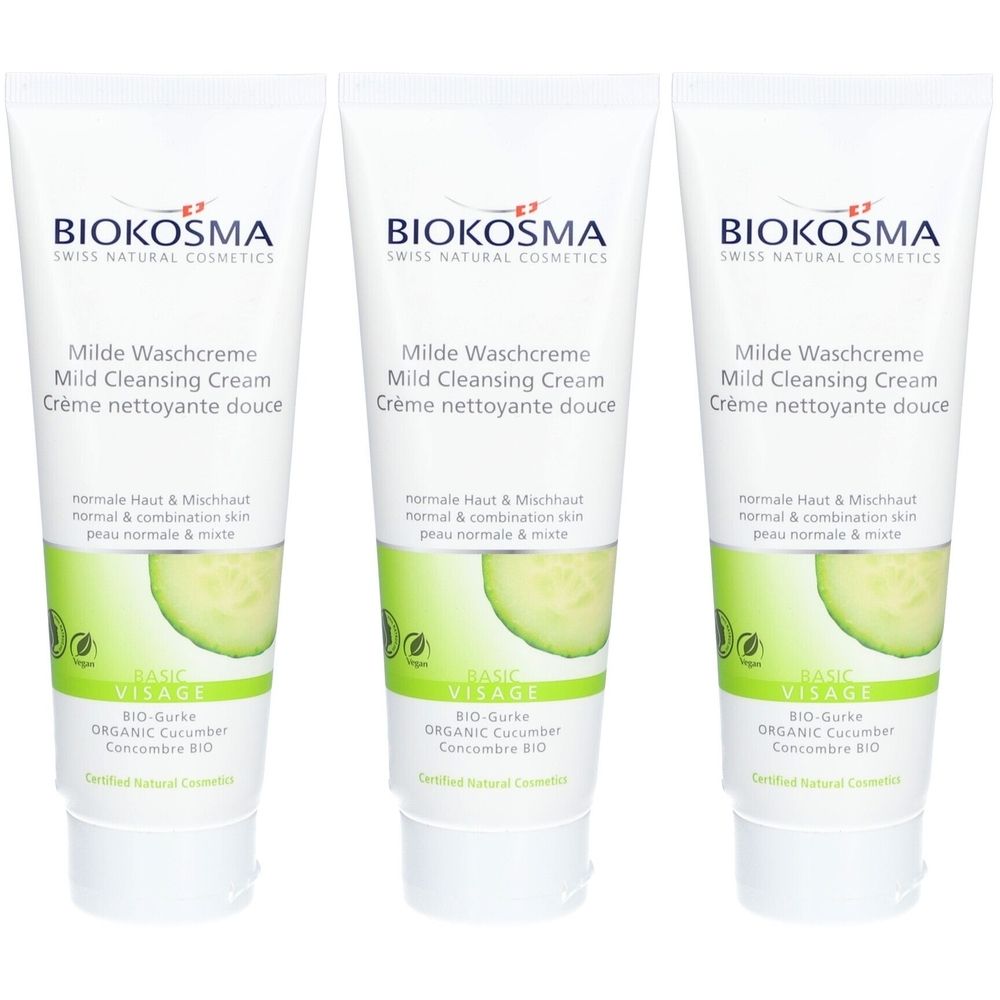 Trois tubes de crème lavante. Blancs, avec inscriptions vertes et noires. Inscription : Milde Waschcreme, BIOKOSMA, BASIC VISAGE, BIO-Gurke.