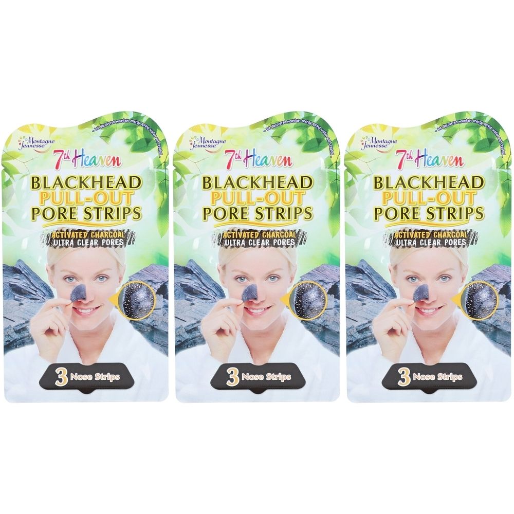 Trois paquets de bandes pour pores 7th Heaven Blackhead. Chaque paquet montre une femme avec une bande sur le nez et contient 3 bandes.