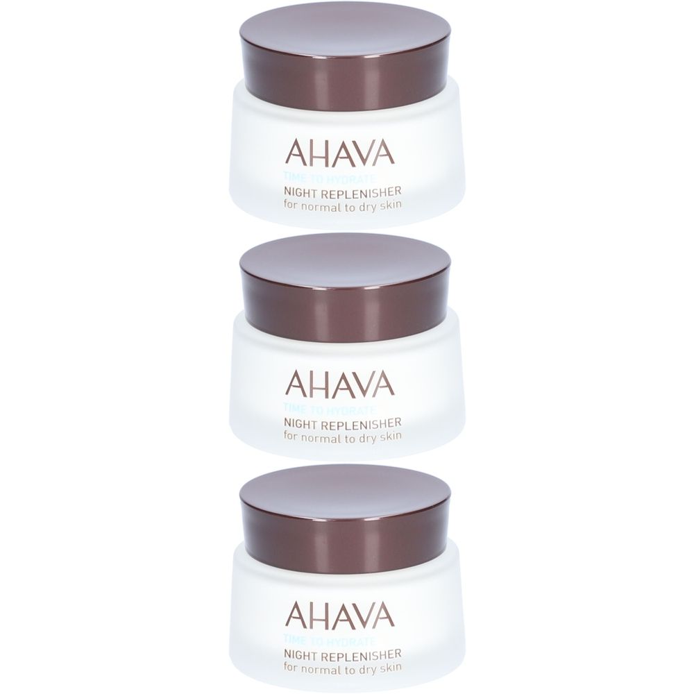 Trois pots de crème avec couvercles marron. Inscription AHAVA, Night Replenisher pour peaux normales à sèches.