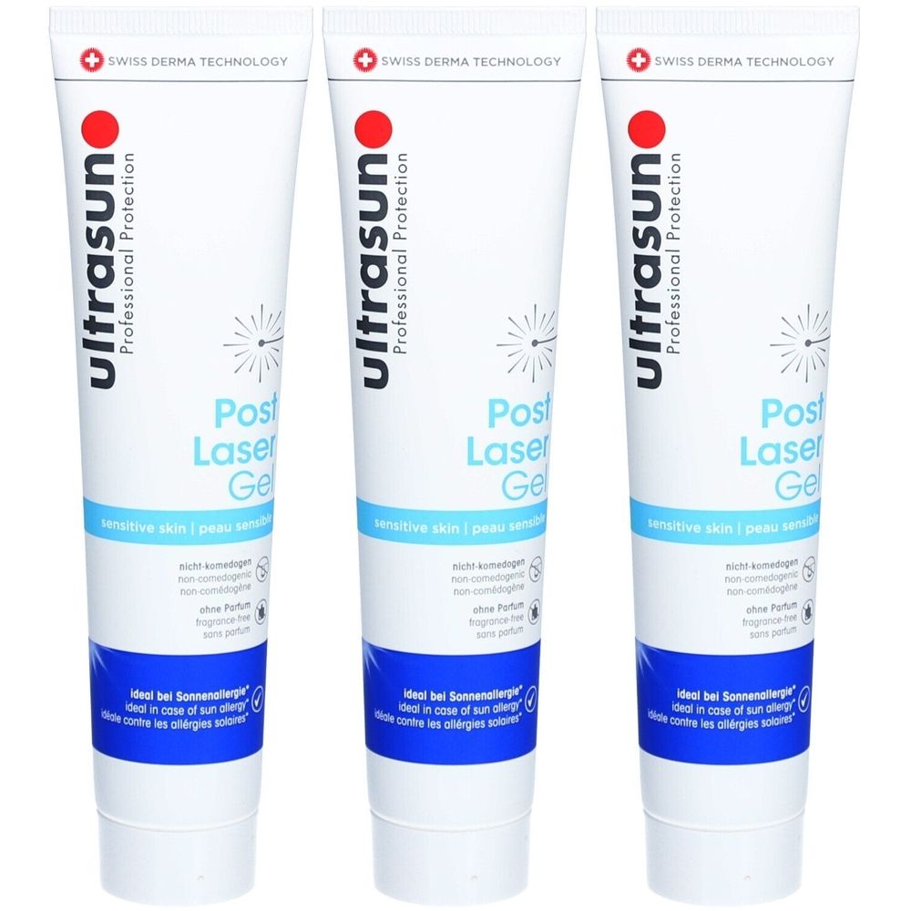 Drie tubes "ultrasun Post Laser Gel". Witte tubes met blauwe en zwarte tekst.