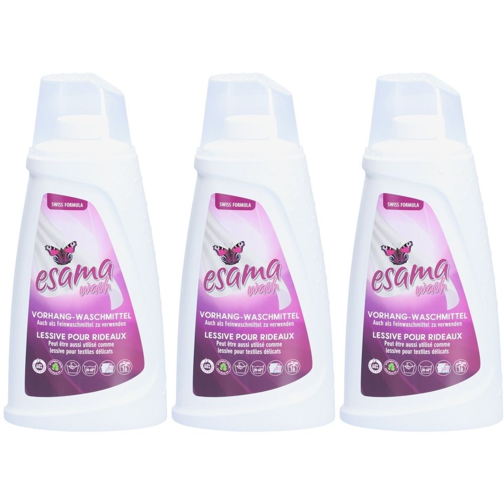 Drie witte flessen met transparante doppen. Op elke fles staat "esama wash" en "VORHANG-WASCHMITTEL".