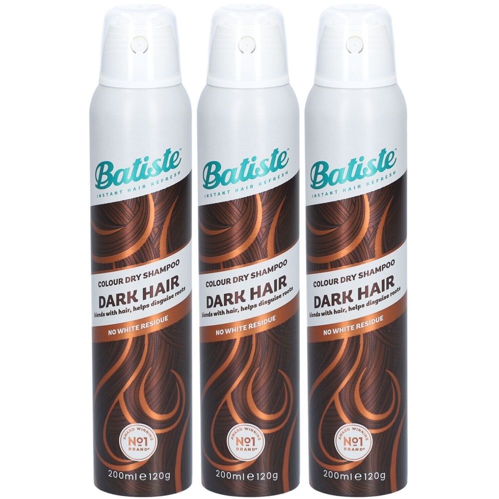 Drie spuitbussen droogshampoo. Opschrift: Batiste, Colour Dry Shampoo, Dark Hair. Geen witte resten. 200ml, 120g.