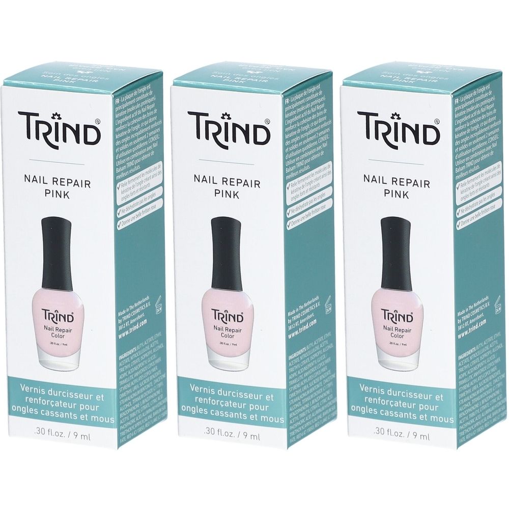 Trois boîtes de TRIND Nail Repair Pink. Chaque boîte présente un flacon de vernis à ongles et des informations sur le produit.