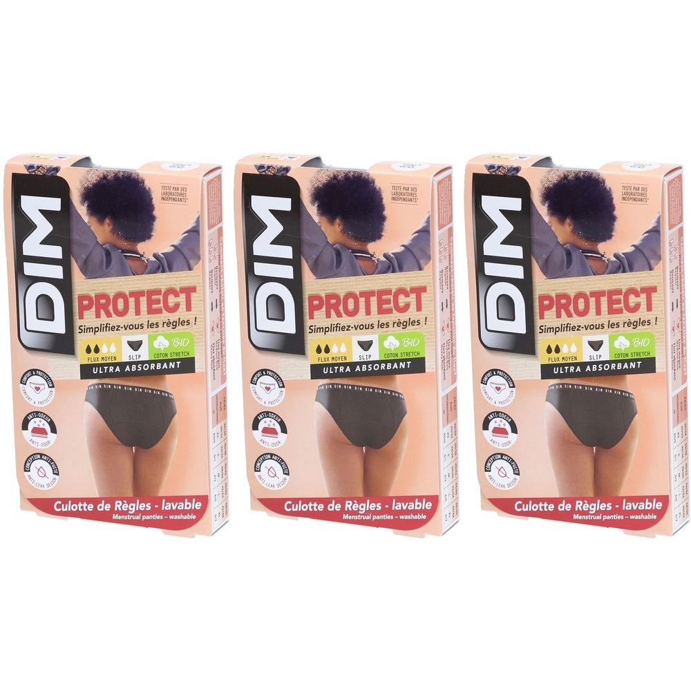 Trois boîtes de culottes menstruelles DIM Protect. Culotte noire représentée. Texte: Ultra absorbant, lavable. Simplifiez-vous les règles!