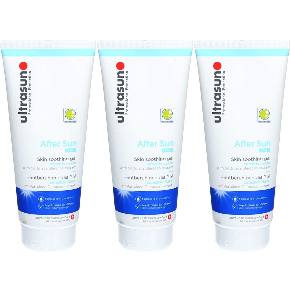 Trois tubes de gel après-soleil. Tubes blancs avec texte bleu et rouge. Texte: After Sun, Skin soothing gel, Hautberuhigendes Gel.
