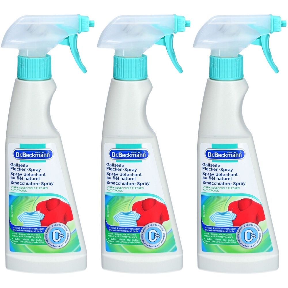 Drie witte spuitflessen met turquoise elementen. Op elke fles staat "Dr. Beckmann Gallseife Flecken-Spray".