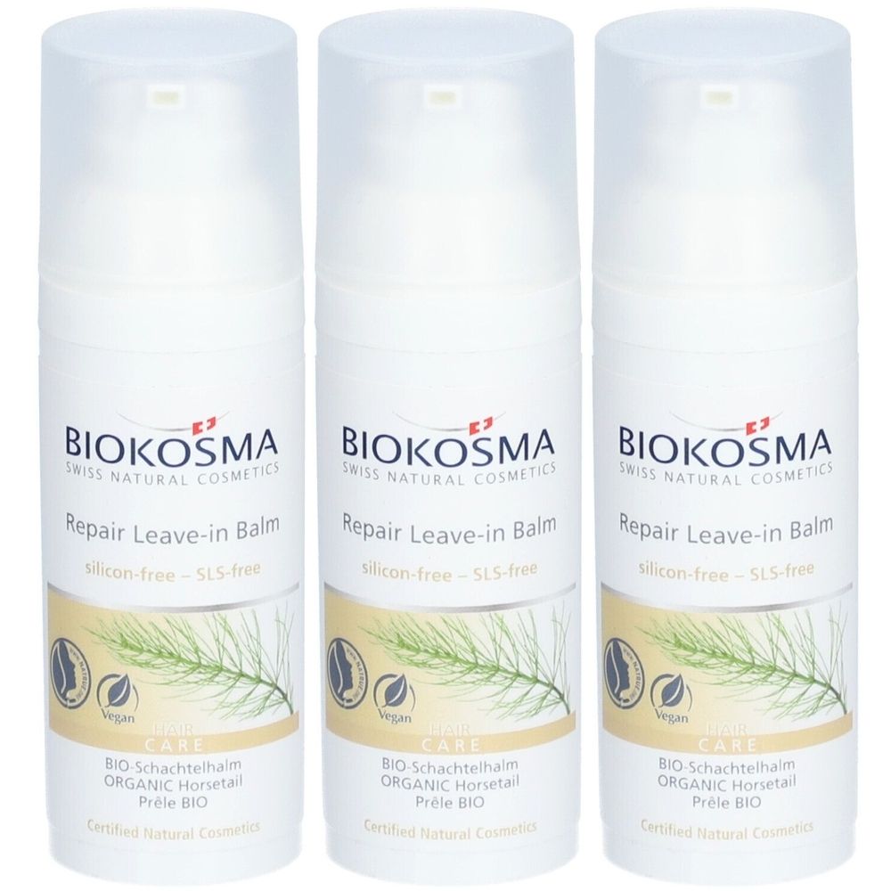 Drie witte dispenserflessen met doppen. Opschrift: BIOKOSMA, Repair Leave-in Balm, vegan, Bio-Schachtelhalm.