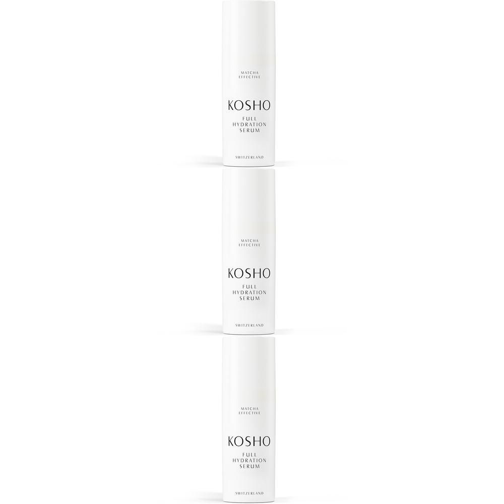 Drie witte flessen met de tekst KOSHO en de tekst "FULL HYDRATION SERUM".