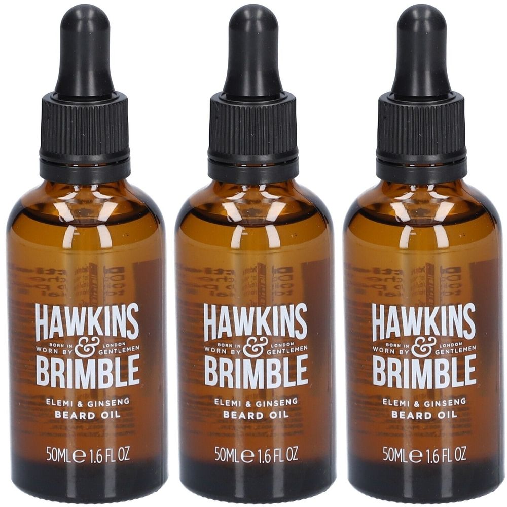 Trois flacons d'huile à barbe. Flacons en verre brun avec pipettes noires. Inscription : HAWKINS & BRIMBLE, ELEMI & GINSENG BEARD OIL.