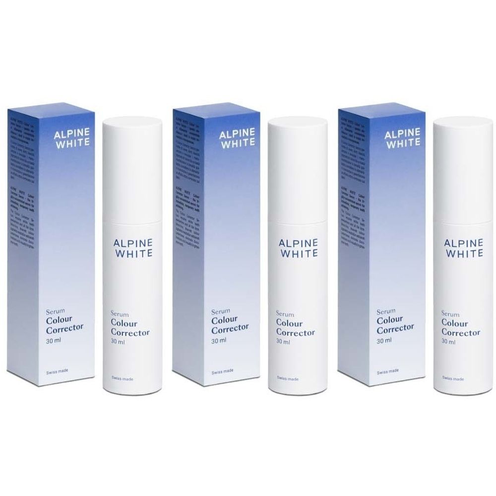 Drie flessen en verpakkingen. Opschrift: ALPINE WHITE, Serum Colour Corrector.