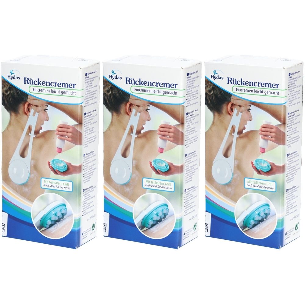 Drie productverpakkingen. Op elke verpakking staat een rugcrème afgebeeld. De rugcrème heeft een witte handgreep en een blauwe kop.