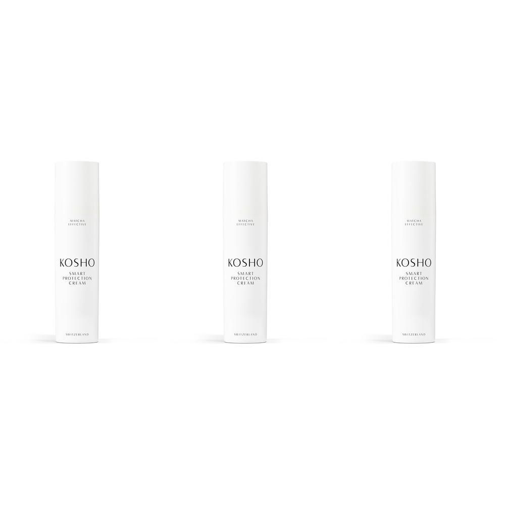 Drie witte flacons KOSHO Smart Protection Cream. De productnaam en het merk staan in zwarte letters op elke flacon.