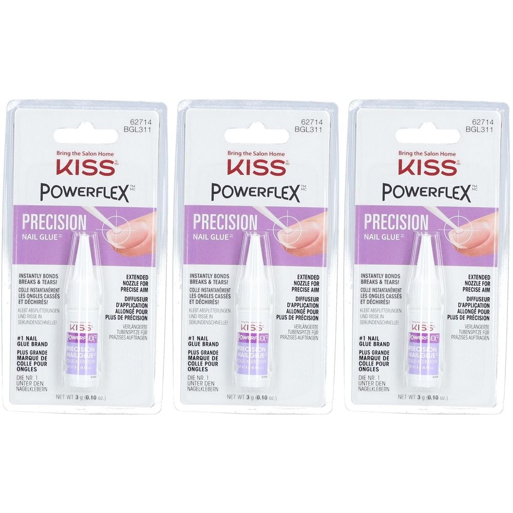 Trois paquets de colle à ongles de précision KISS PowerFlex. Chaque paquet contient un flacon de colle dans un emballage blister.