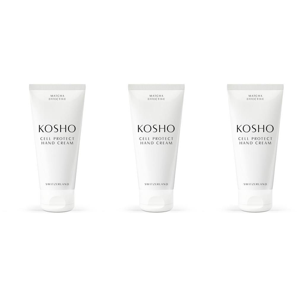 Drie witte tubes handcrème. Op elke tube staat 'KOSHO CELL PROTECT HAND CREAM'. Gemaakt in Zwitserland.
