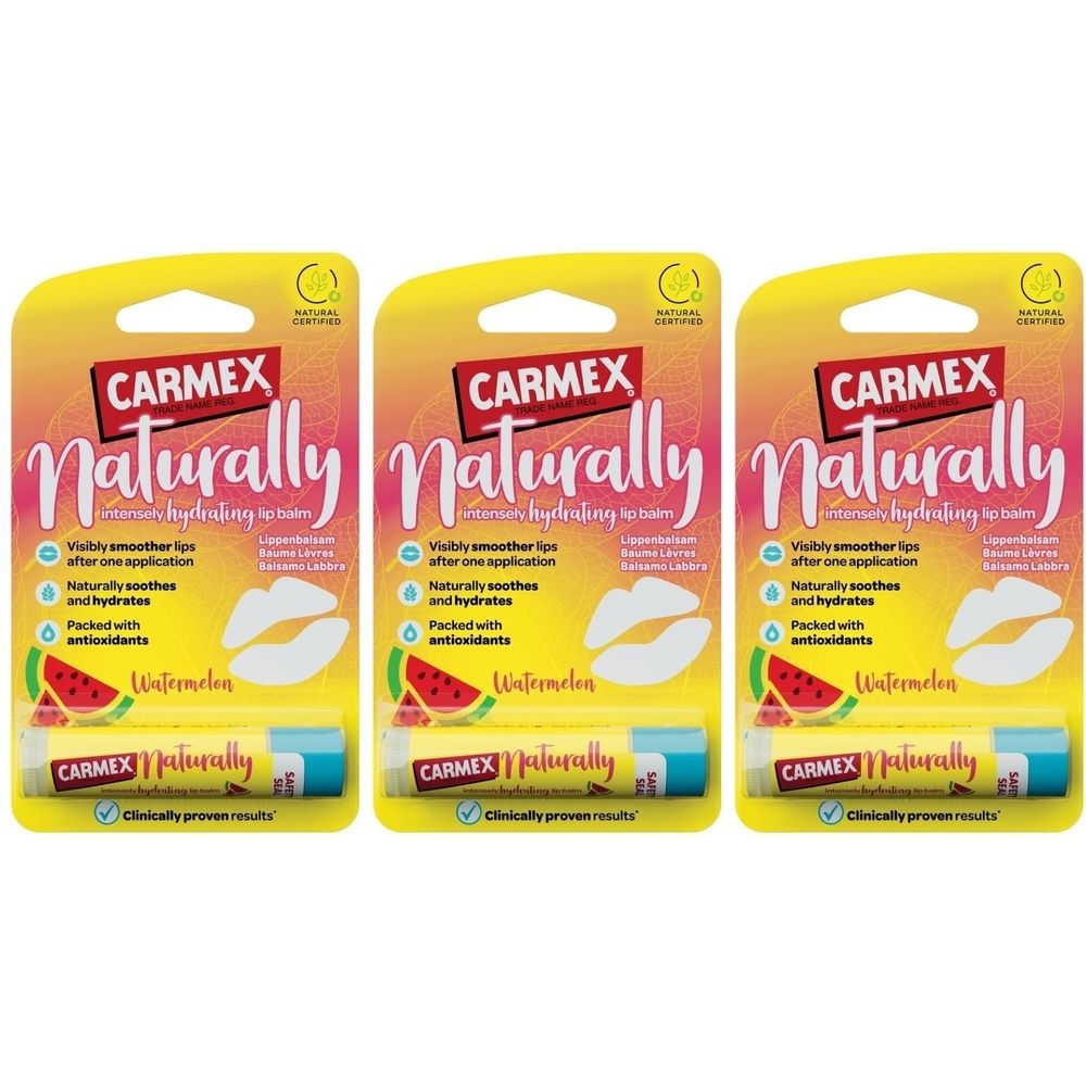 Drie verpakkingen lippenbalsem. Gele verpakking met productnaam en watermeloen illustratie. Lippenbalsem sticks zichtbaar.