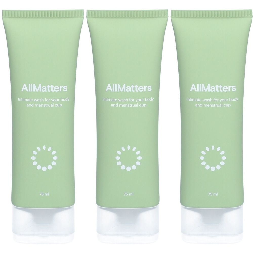 Trois tubes verts avec texte blanc. Chaque tube affiche "AllMatters" et "Intimate wash for your body and menstrual cup".
