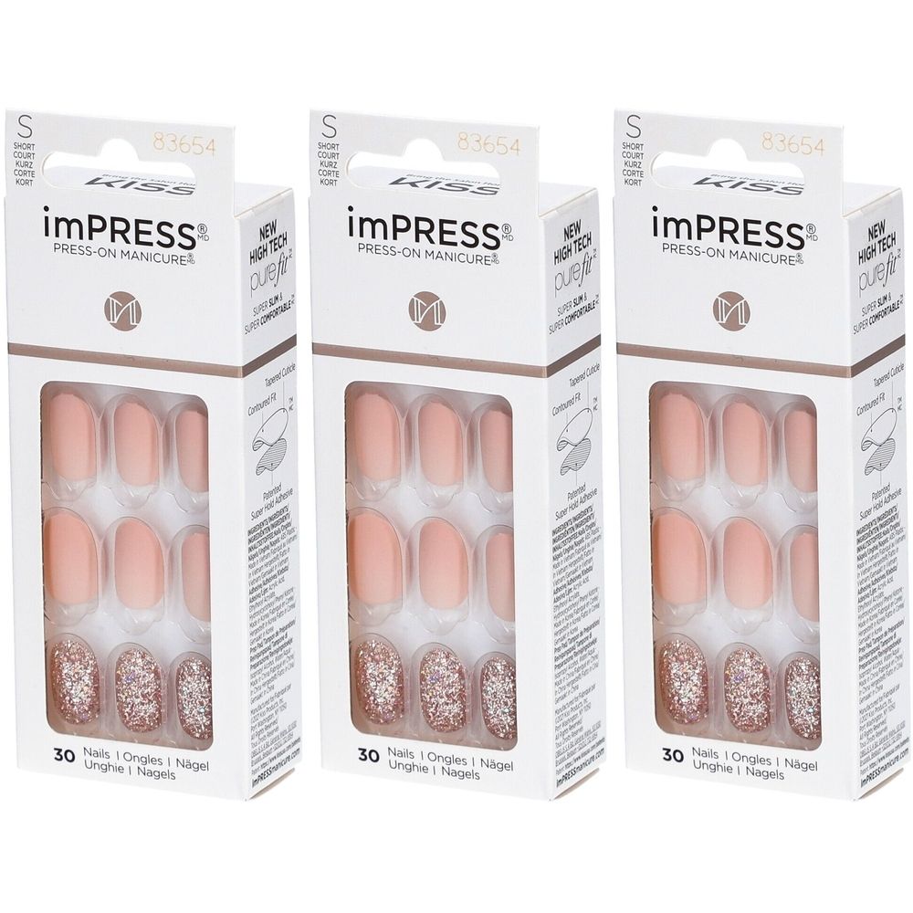 Drie dozen imPRESS press-on nagels. Elke doos bevat 30 roze en glitter nagels.