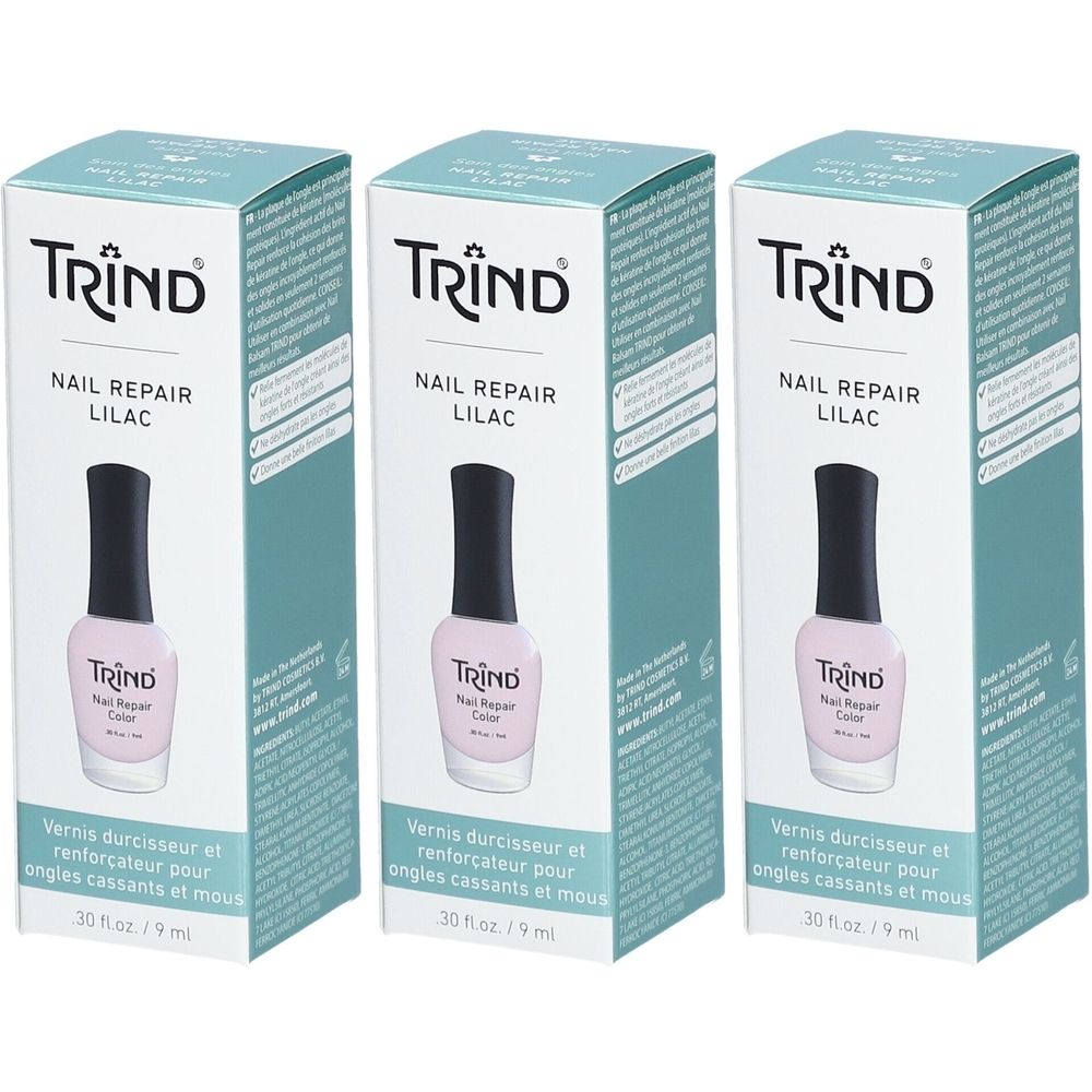 Trois boîtes de vernis à ongles. Chaque boîte porte l'inscription "TRIND NAIL REPAIR LILAC". Les flacons sont roses avec un bouchon noir.