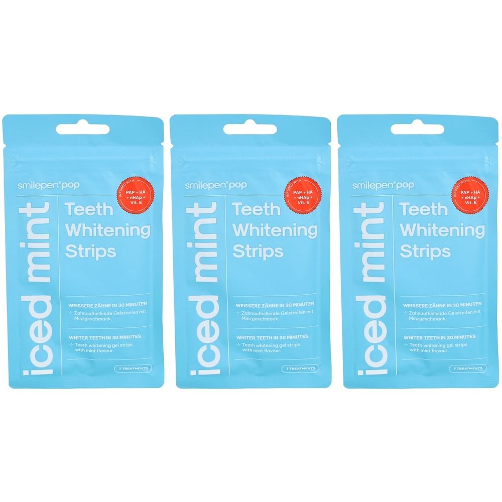 Drie verpakkingen SMILEPEN Pop Teeth Whitening Strips Iced Mint. Lichtblauwe verpakking met productnaam en rode sticker.
