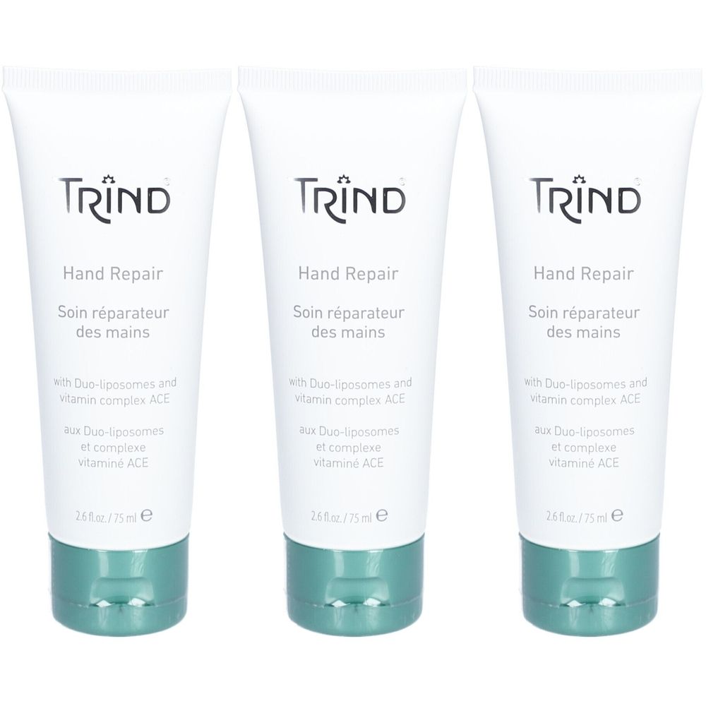 Drie tubes handcrème. Opschrift: TRIND Hand Repair. Tekst in het Frans. Ondertitel: Met Duo-liposomen en vitaminecomplex ACE.