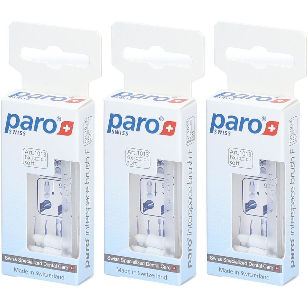 Drie dozen paro® Interspace Brush F. Witte verpakking met logo en productinformatie. Zichtbare borstels binnenin.