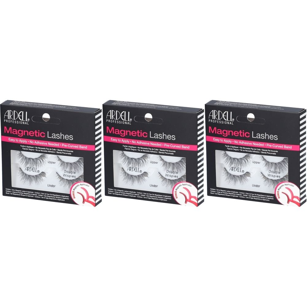 Trois boîtes de cils magnétiques Ardell. Emballage noir avec des accents roses. Les cils sont visibles.