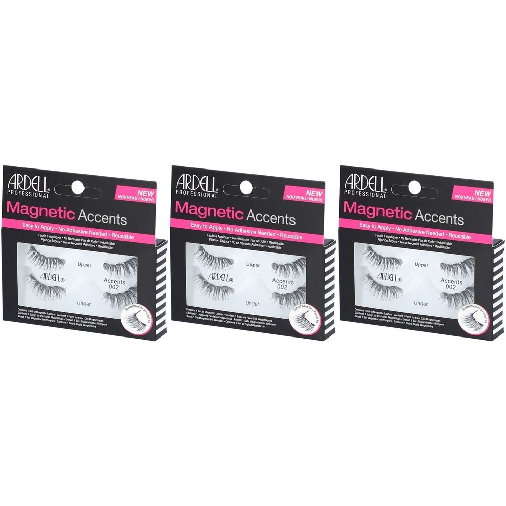 Trois boîtes de faux cils. Emballage noir avec des accents roses. Marque : Ardell Magnetic Accents.