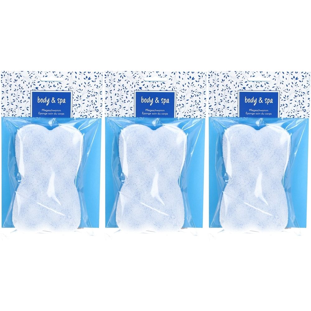 Drie tweefasige sponzen in plastic verpakking. Elke spons heeft een getailleerde vorm. Op de verpakking staat "body & spa".